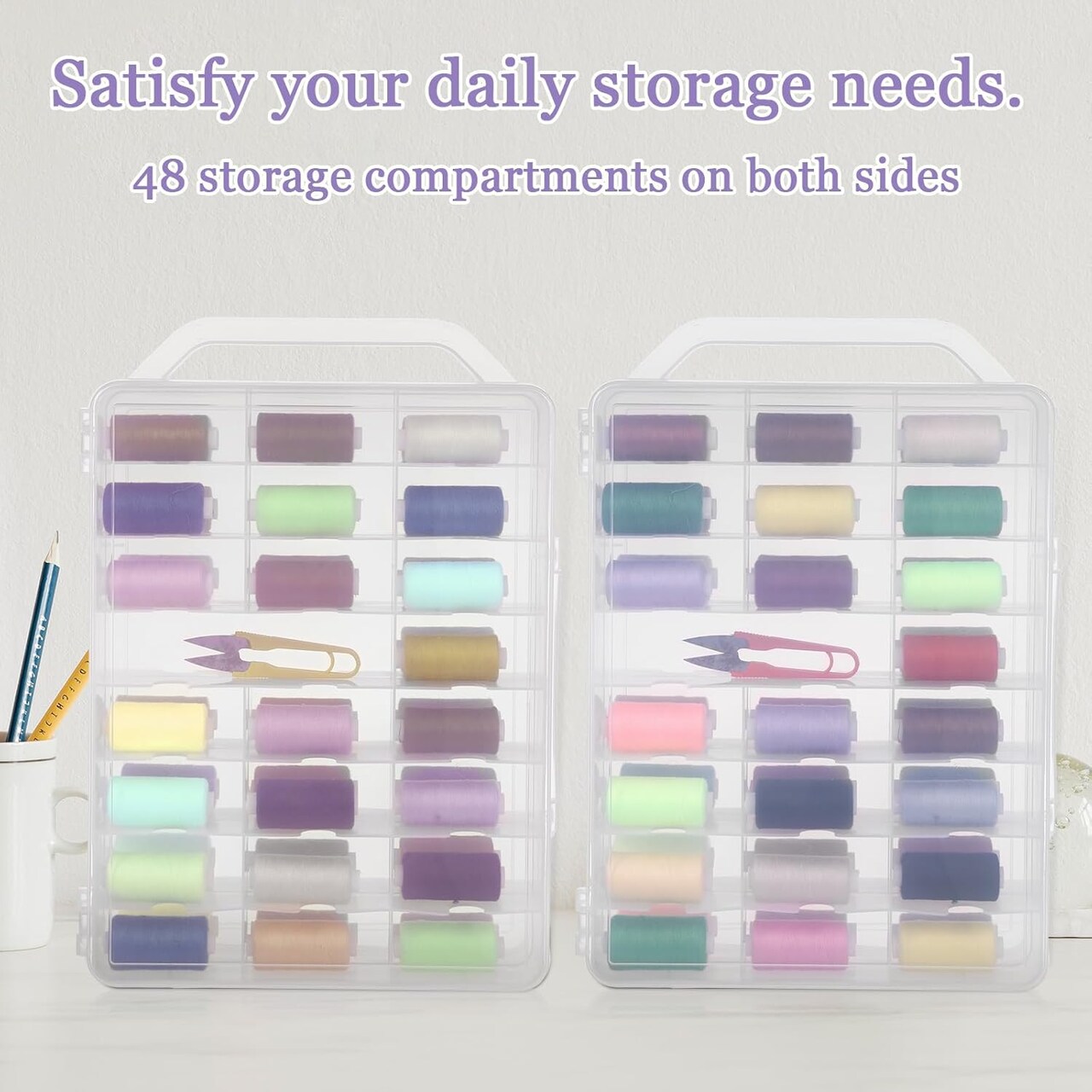 2 PCS 46 Grids Sewing Organizer Double Sided Thread Box Storage Portable Clear Plastic Organizer Box for Embroidery Sewing Thread, Embroidery Floss, Needle, Beads, Small Crafts, Toy Cars